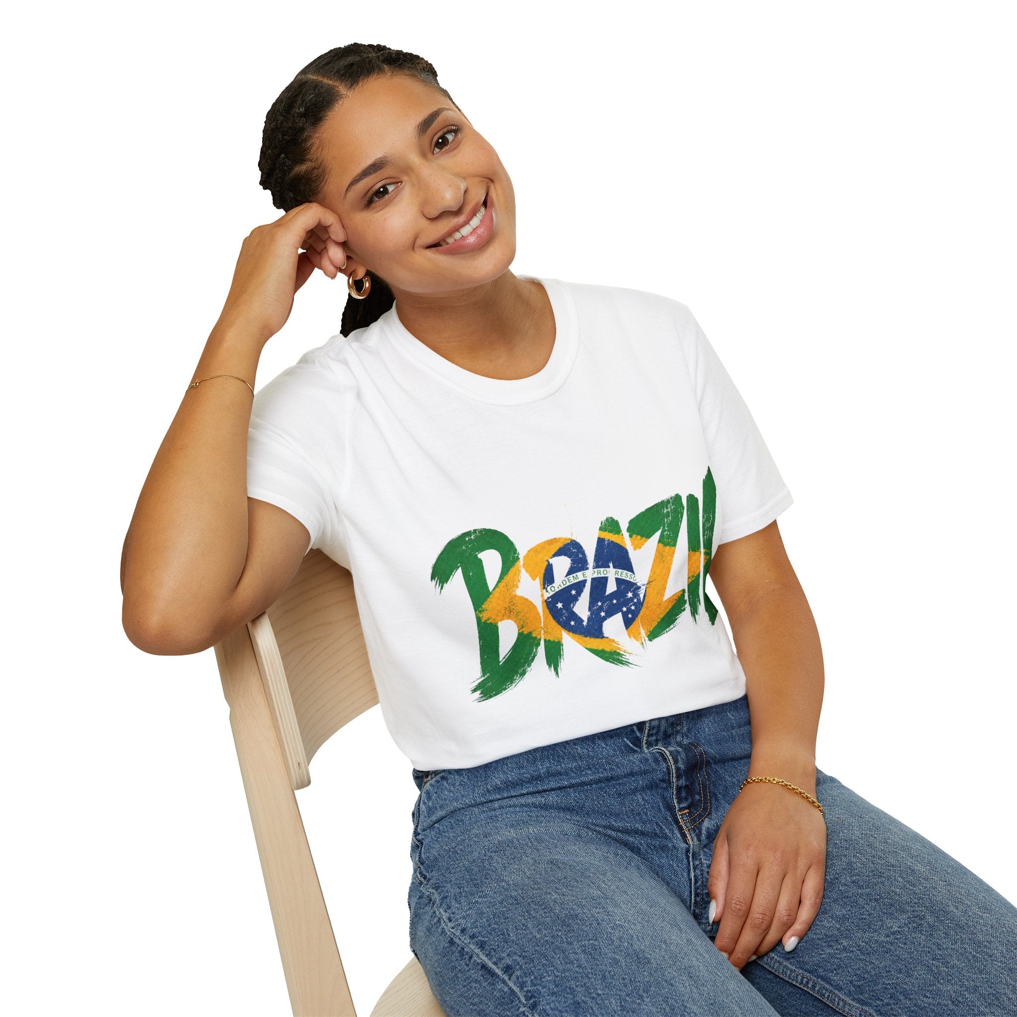 Brazil Flag Graphic T-Shirt — Bold Brazil Script with National Flag Motif