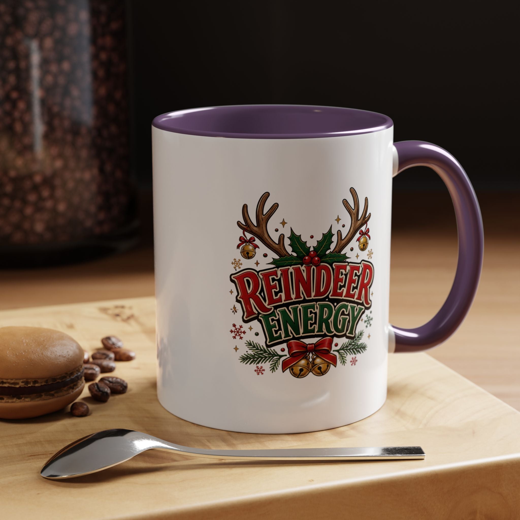 Reindeer Energy Coffee Mug – Holiday Christmas Antlers & Bells Accent Mug