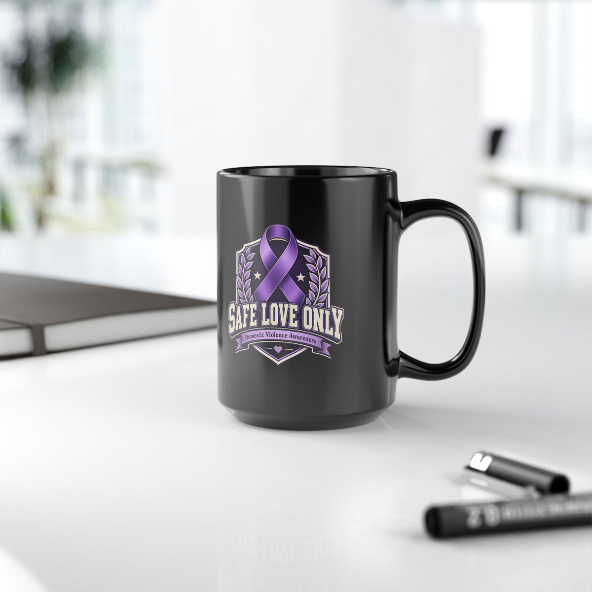 Safe Love Only Mug — Domestic Violence Awareness Purple Ribbon Coffee Cup