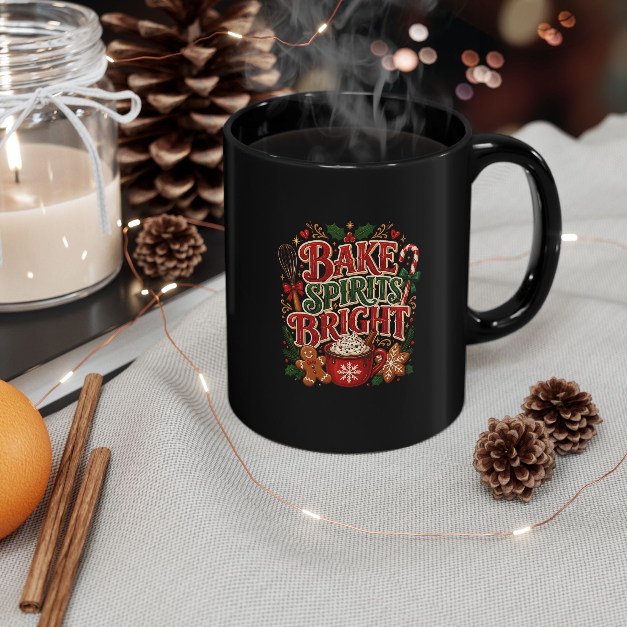 Bake Spirits Bright Christmas Mug — Festive Holiday Cocoa & Gingerbread Coffee Cup