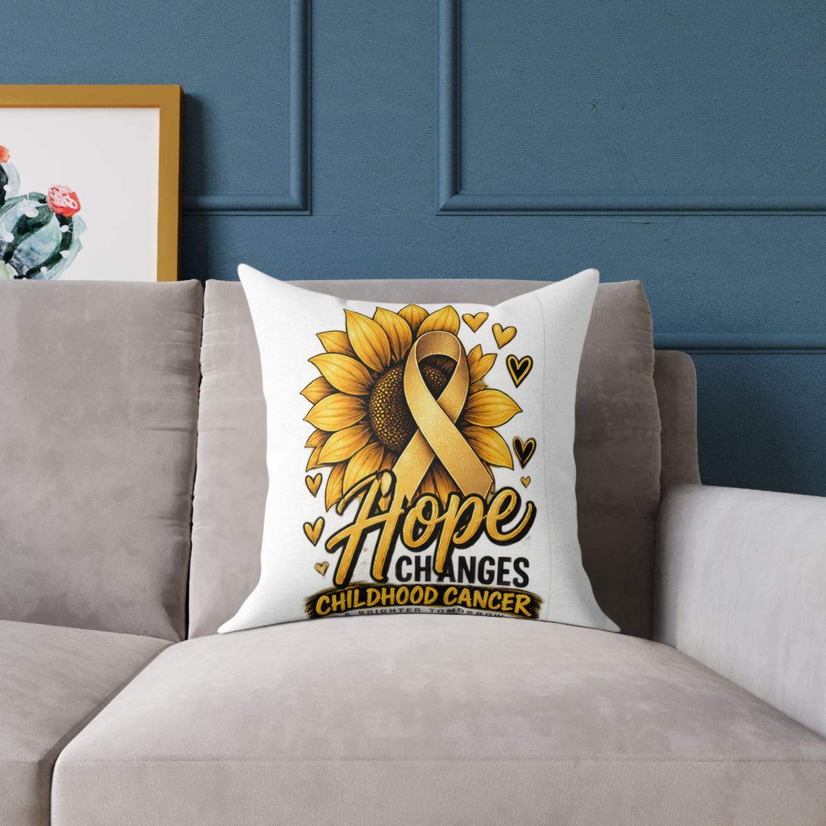 Childhood Cancer Awareness Pillow — 'Hope Changes' Sunflower Ribbon Square Throw Pillow