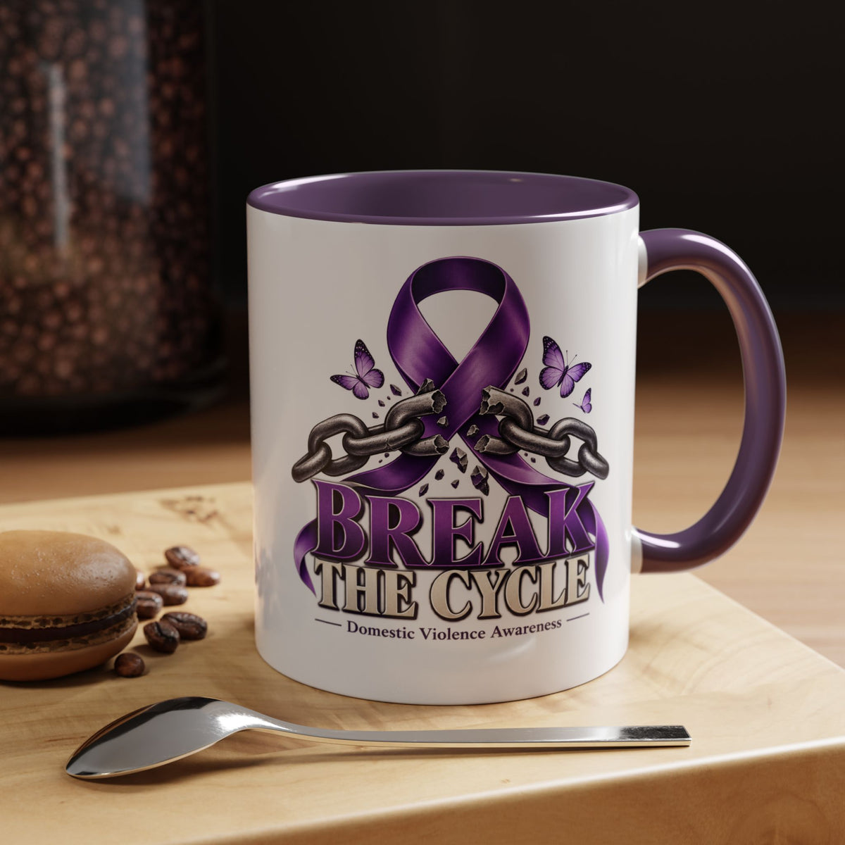 Break the Cycle Coffee Mug – Domestic Violence Awareness Purple Ribbon (11/15oz)