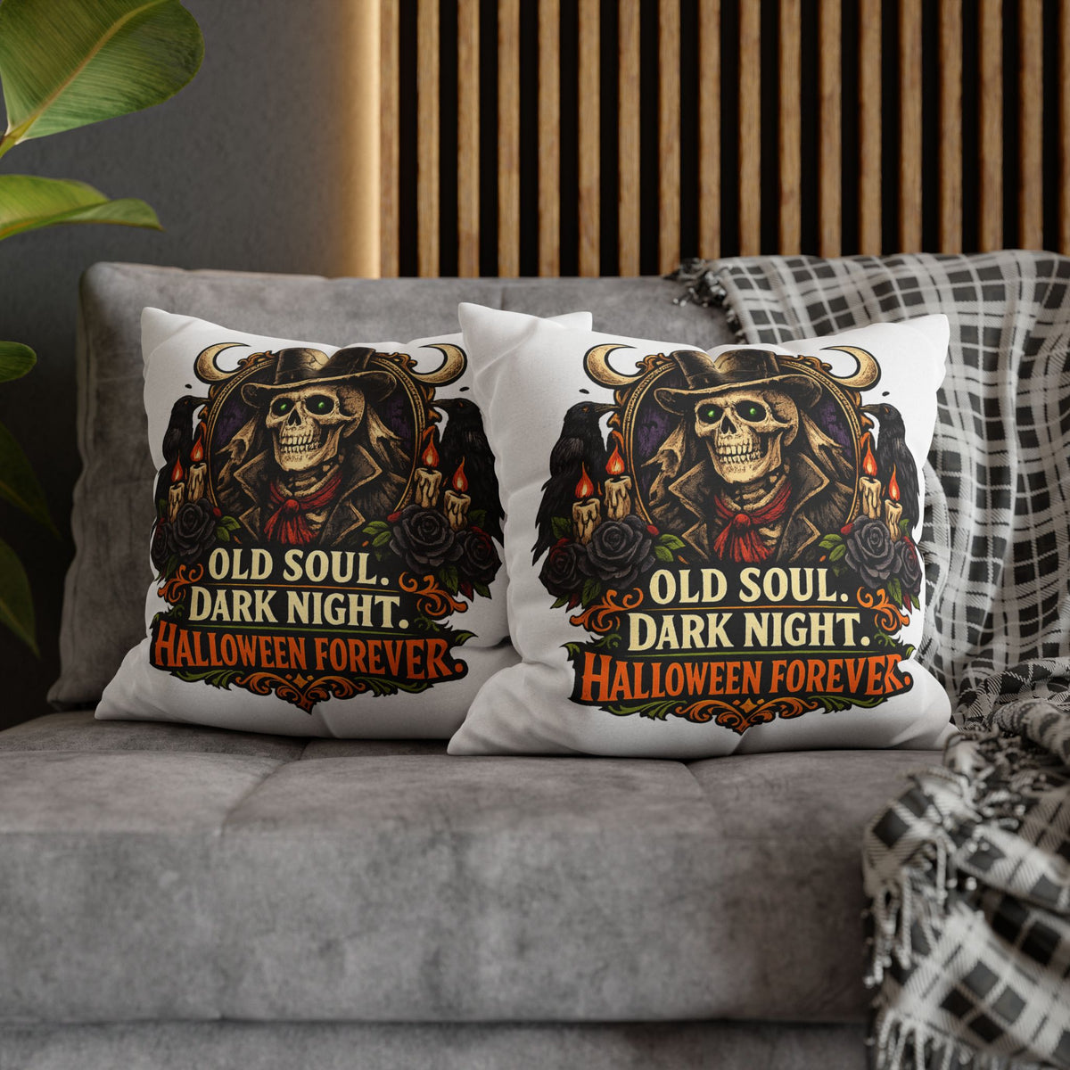 Halloween Skull Pillowcase — "Old Soul. Dark Night. Halloween Forever." Spun Polyester Square Pillow