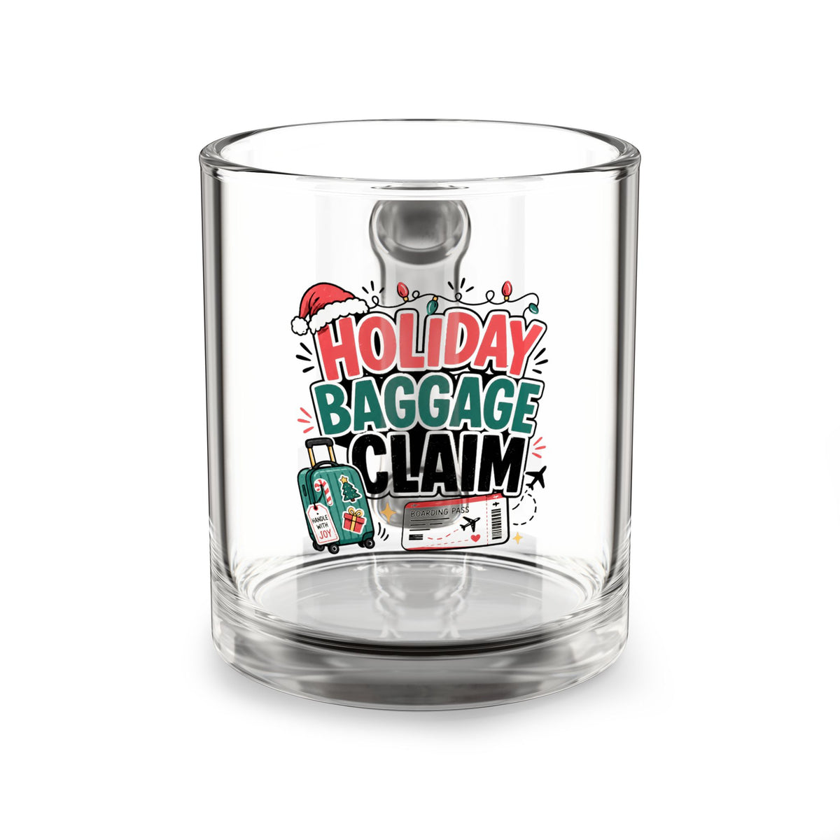 Modern Day Christmas Glass Mug  10oz Holiday Baggage Claim Glass Mug — 10oz Christmas Travel Coffee Cup