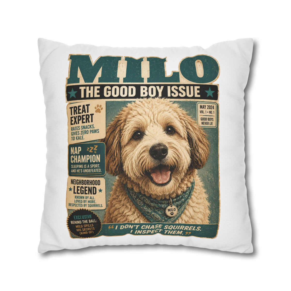 Dog Magazine Cover Pillowcase Milo Bailey Dog Dad Mom– "Milo: The Good Boy Issue" Decorative Throw Pillow