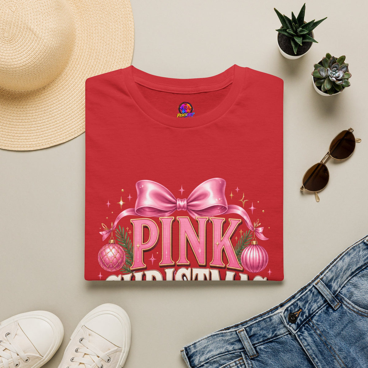 Pink Christmas Club T-Shirt — Womens Festive Holiday Tee with Bow & Ornaments