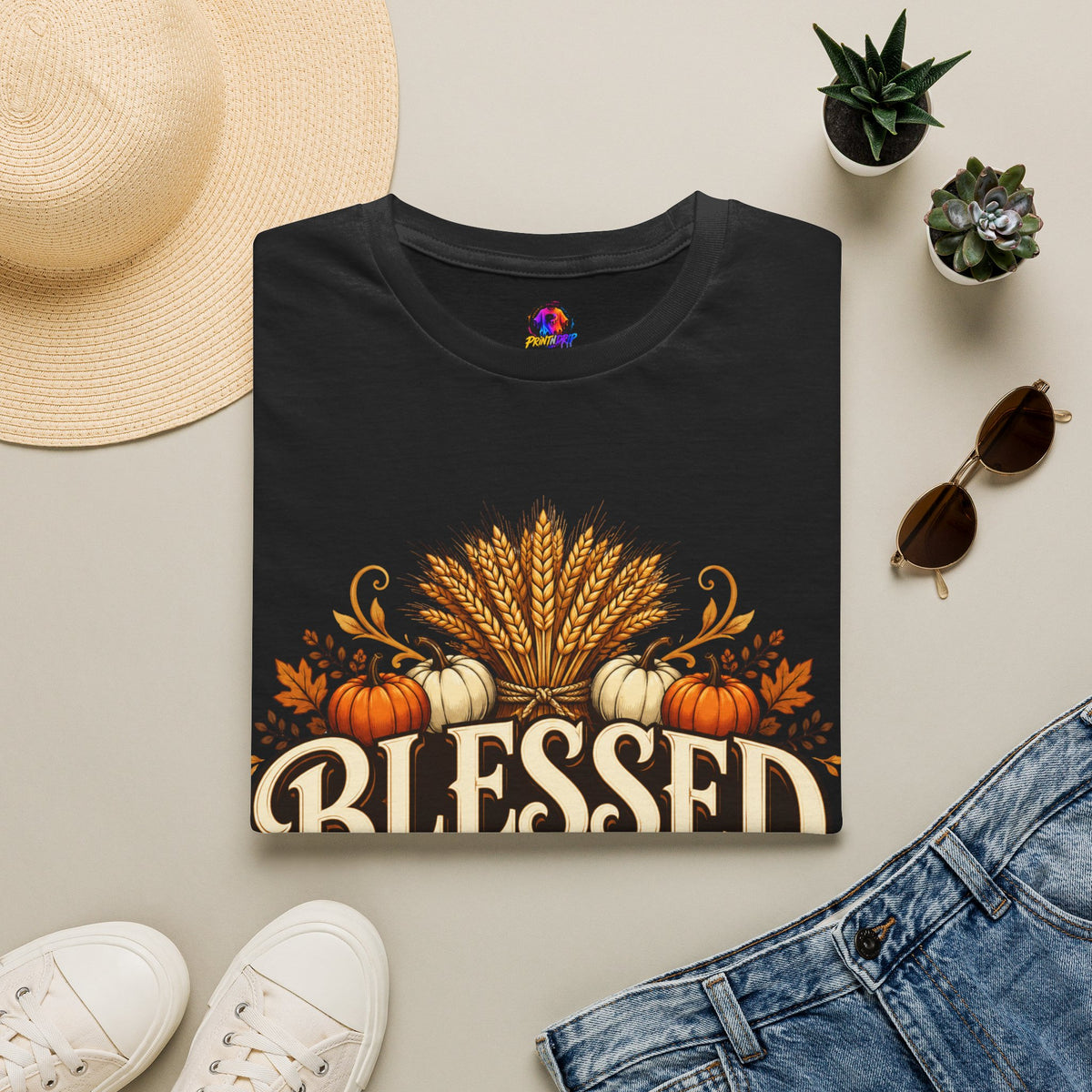 Thanksgiving T-Shirt Blessed Beyond Measure T-Shirt — Fall Harvest Pumpkin & Wheat Tee