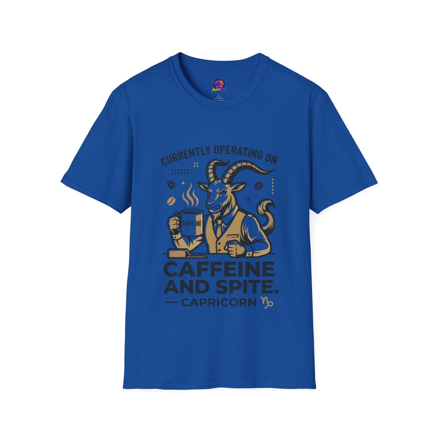 Capricorn T-Shirt — "Currently Operating on Caffeine and Spite" Zodiac Goat Tee