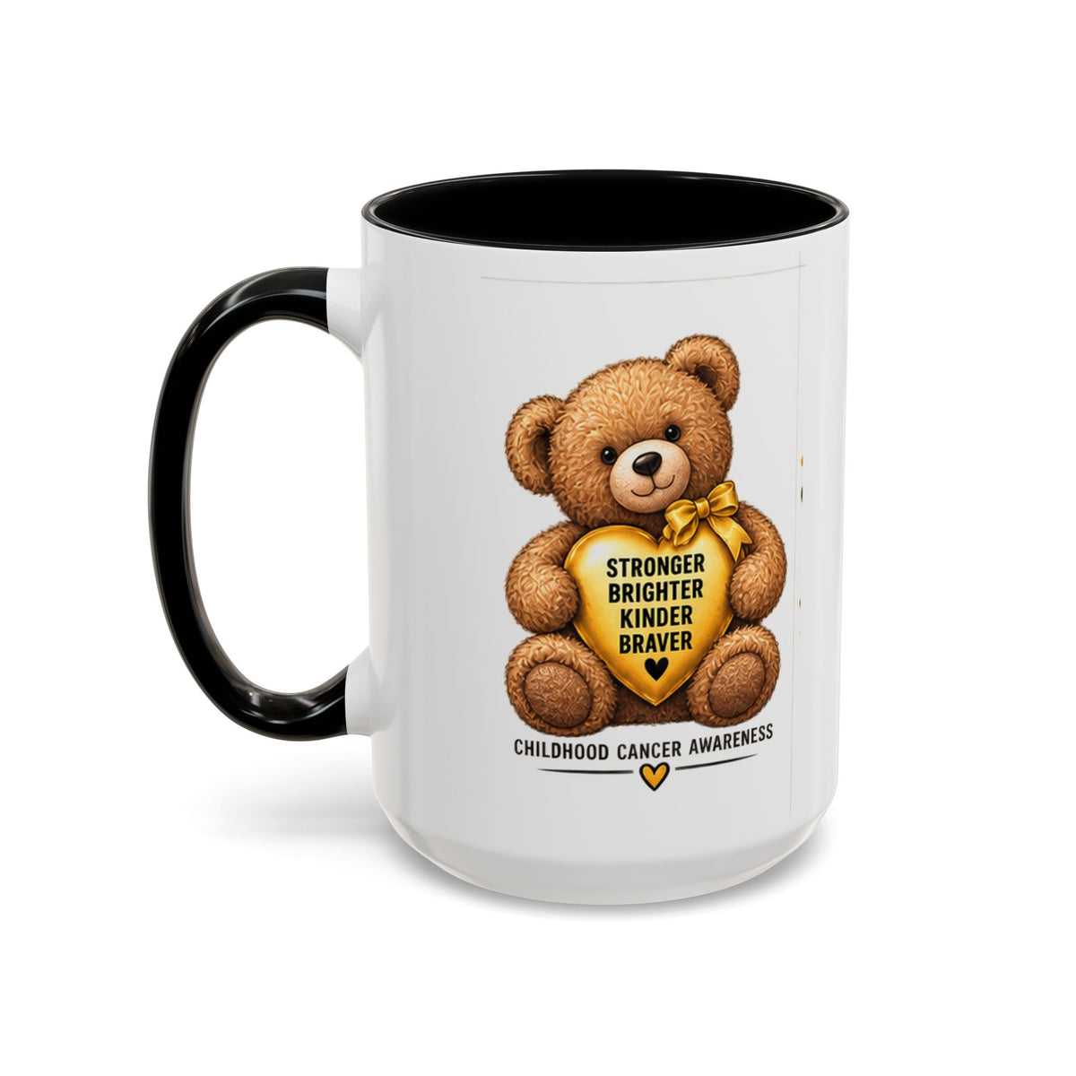 Childhood Cancer Awareness Coffee Mug — 'Stronger Brighter Kinder Braver' Teddy
