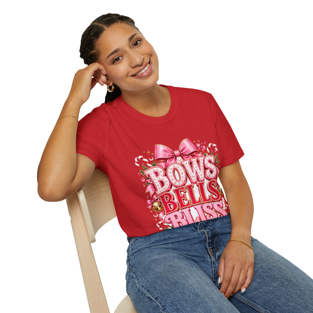 Bows Bells Bliss Christmas T‑Shirt — Pink Holiday Bow Graphic