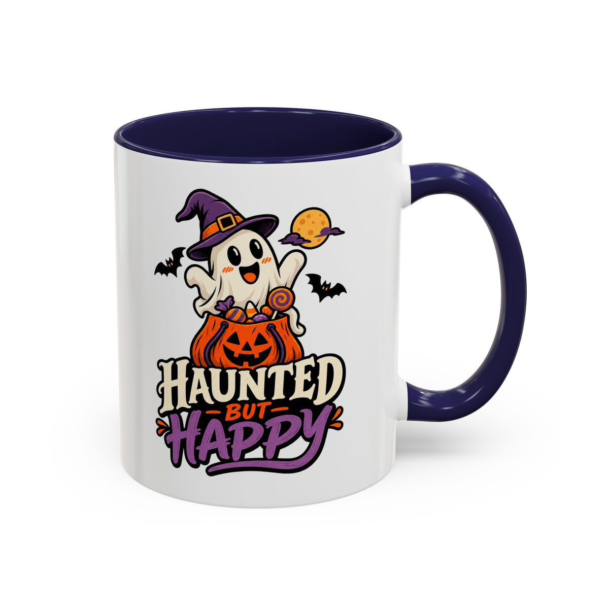 Haunted But Happy Coffee Mug — Halloween Ghost Pumpkin Accent Mug (11/15oz)