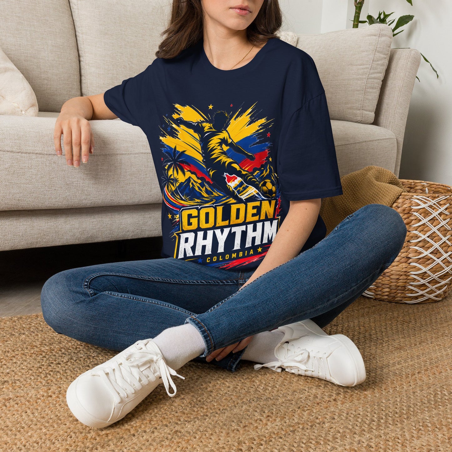 Columbia Soccer Player Graphic T-Shirt — "Golden Rhythm" Vibrant Beach Soccer Tee