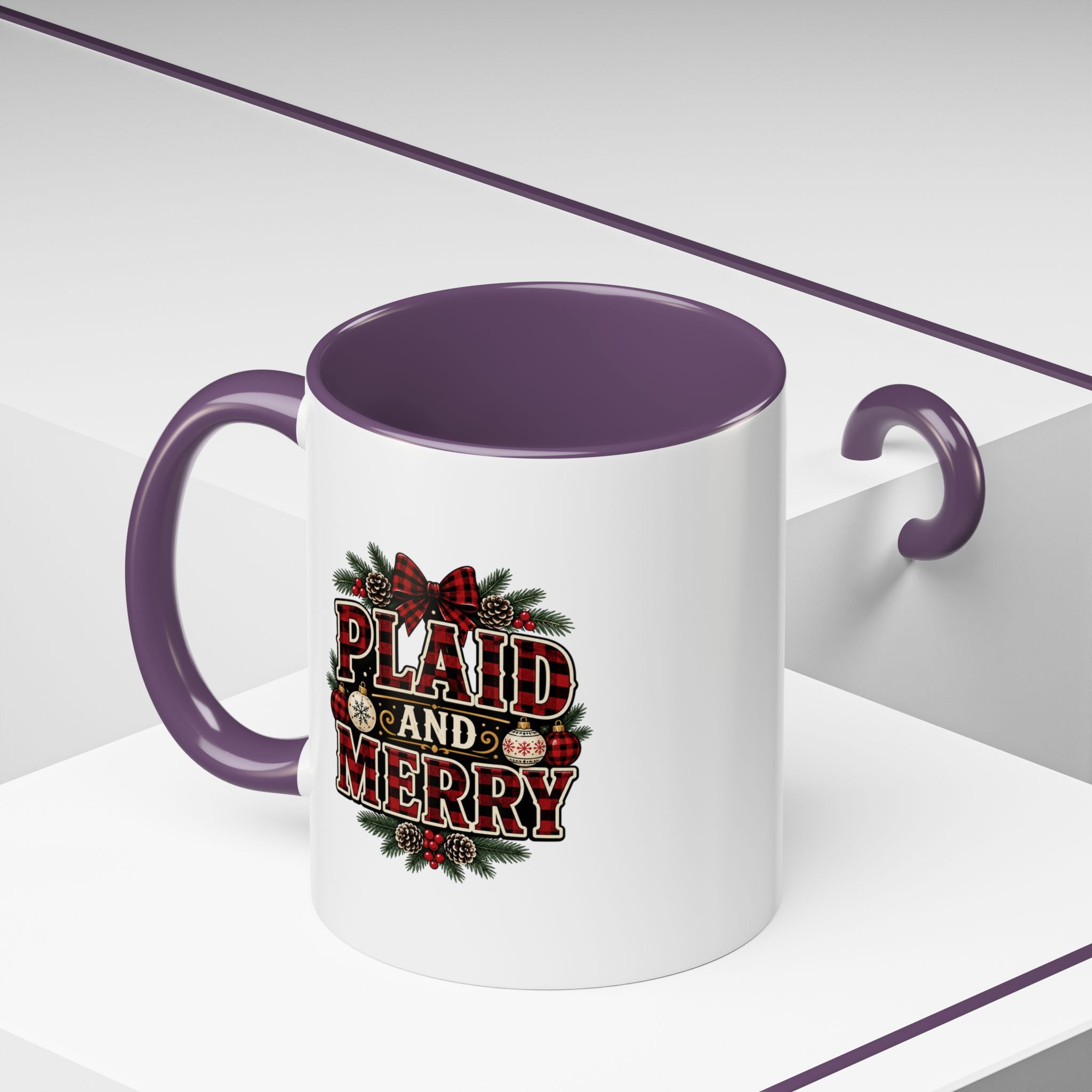 Plaid and Merry Accent Coffee Mug — Festive Buffalo Check Christmas Mug