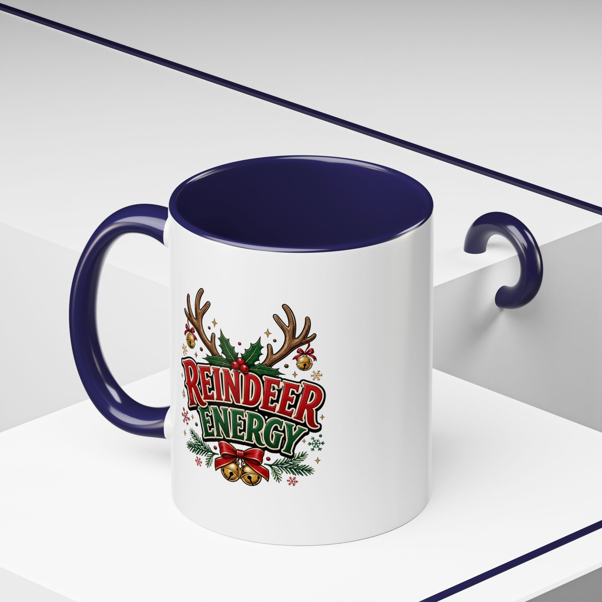 Reindeer Energy Coffee Mug – Holiday Christmas Antlers & Bells Accent Mug