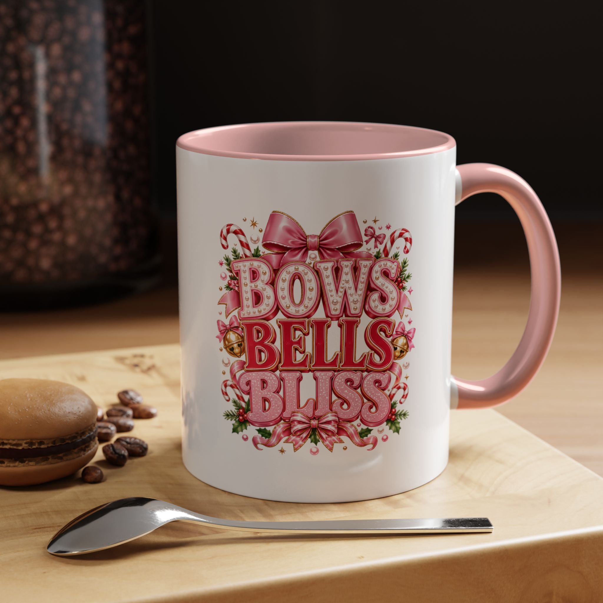 Modern Day Christmas Bows Bells Bliss Coffee Mug — Pink Holiday Accent Mug