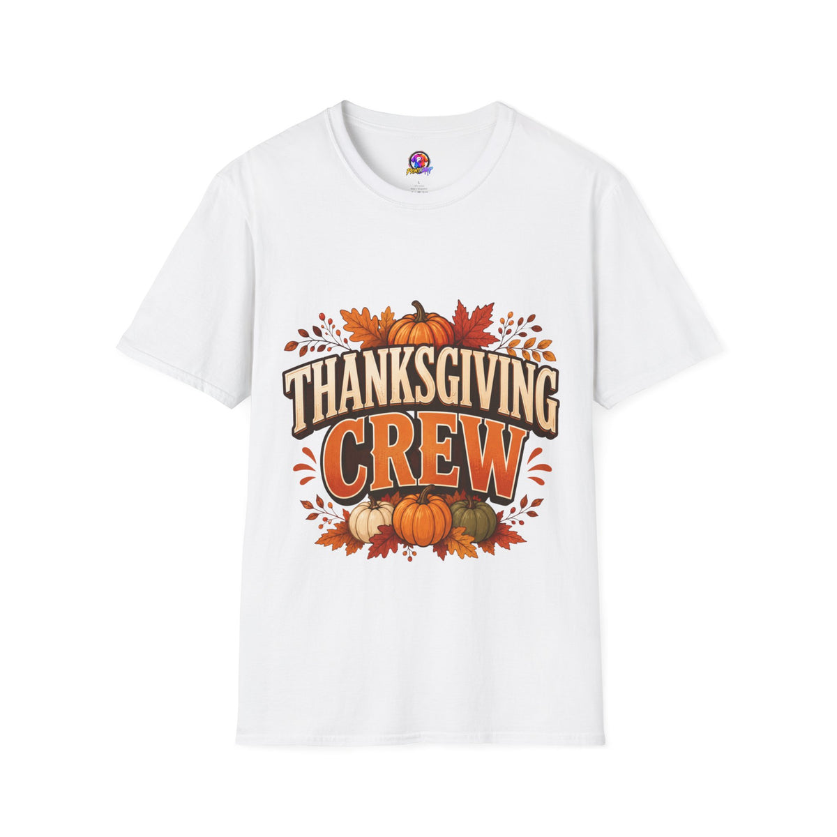 Thanksgiving T-Shirt Crew T-Shirt— Festive Pumpkin & Fall Leaves Holiday Tee