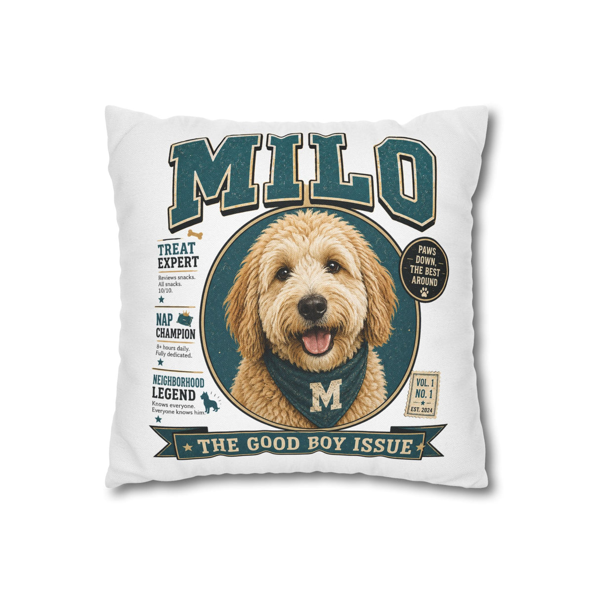 Milo 'The Good Boy Issue' Decorative Pillowcase – Personalized Dog Portrait Accent Pillowcase Milo Bailey Dog Dad Mom