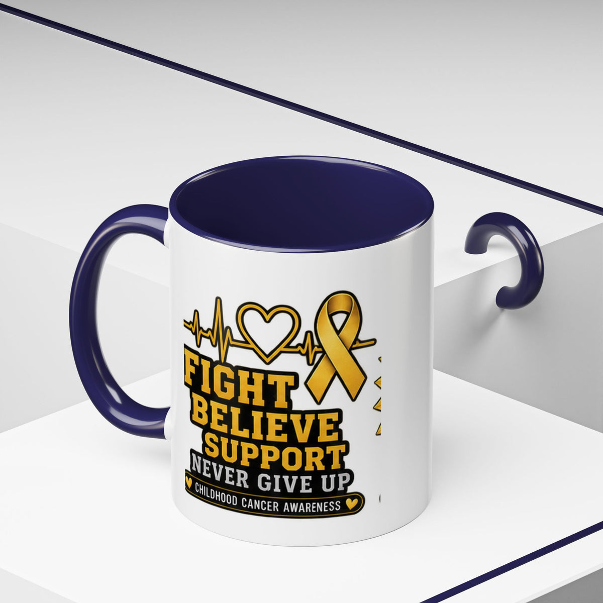 Childhood Cancer Awareness Accent Coffee Mug — "Fight Believe Support" 11/15oz