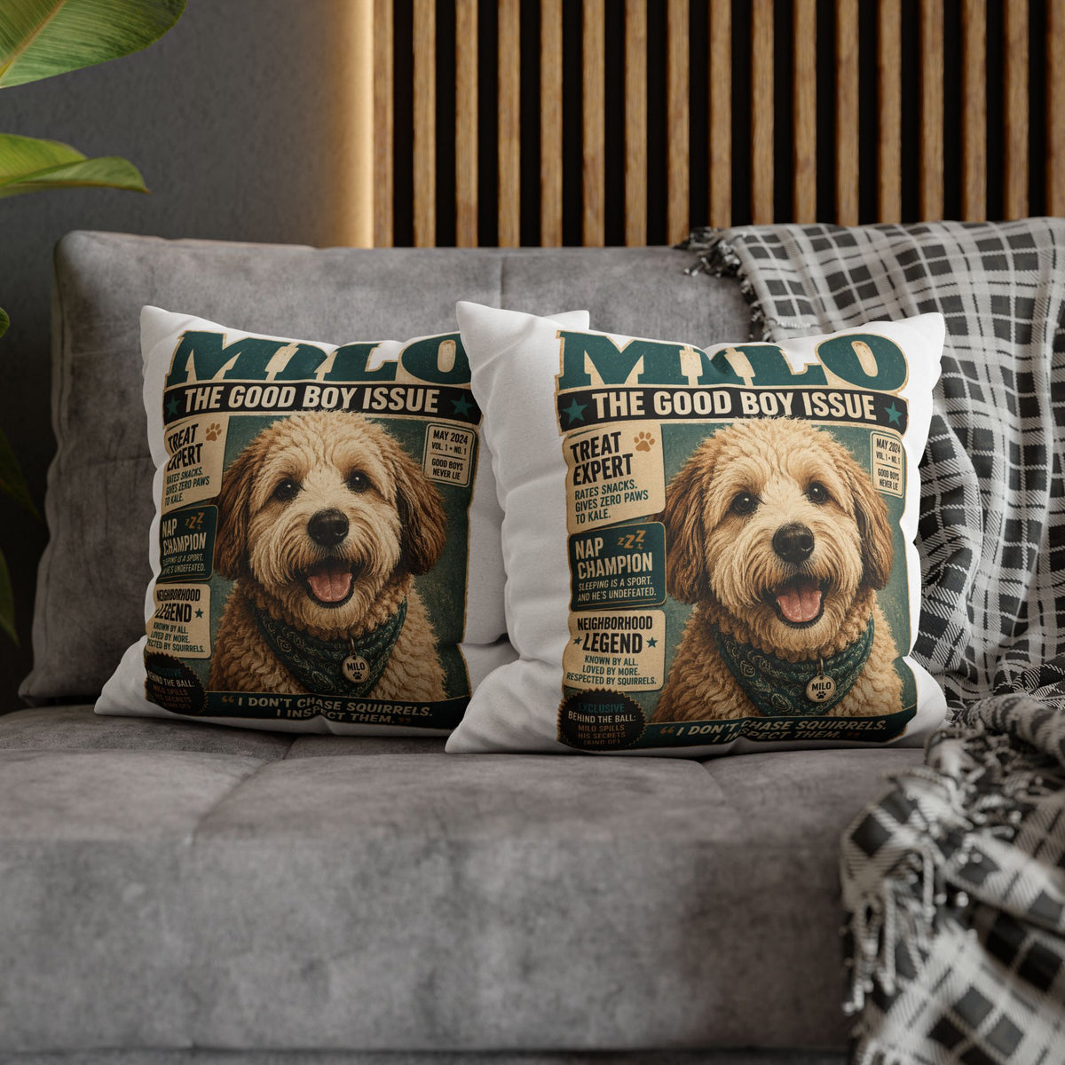 Dog Magazine Cover Pillowcase Milo Bailey Dog Dad Mom– "Milo: The Good Boy Issue" Decorative Throw Pillow