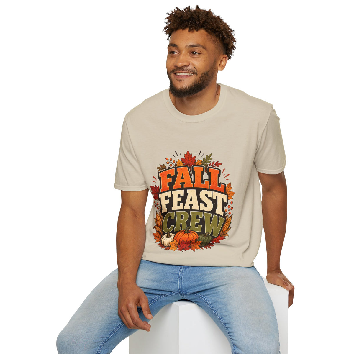 Thanksgiving T-Shirt Fall Feast Crew T-Shirt — Thanksgiving Pumpkin & Leaves Graphic Tee