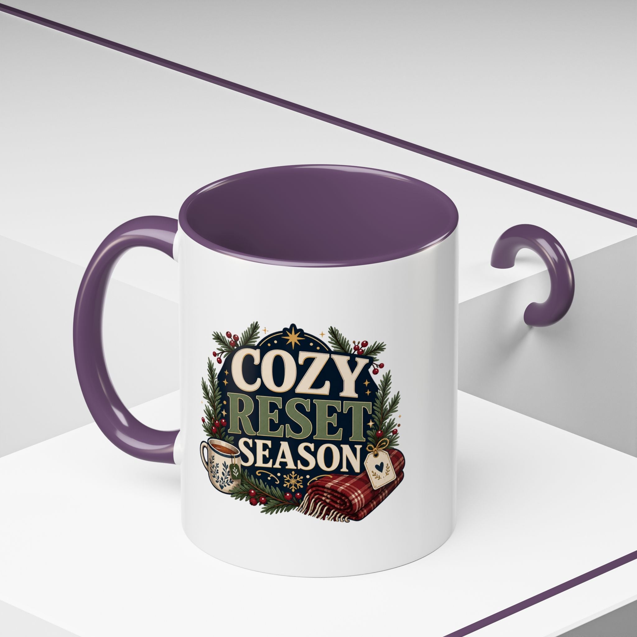 Modern Day Christmas Cozy Reset Season Mug — Holiday Coffee Cup with Blanket & Tea Tag Design