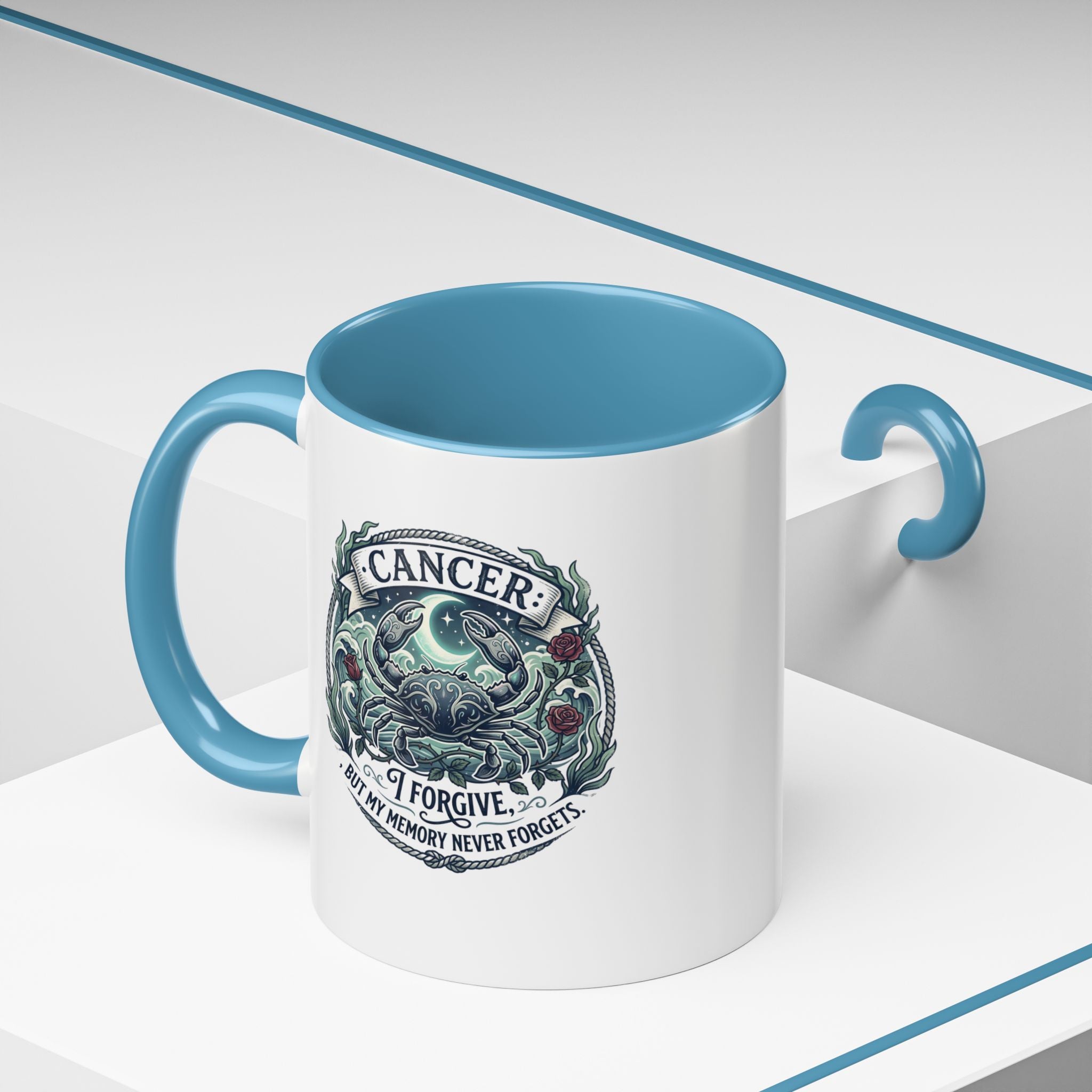 Cancer Zodiac Accent Coffee Mug — 'I Forgive But My Memory Never Forgets' Horoscope Gift