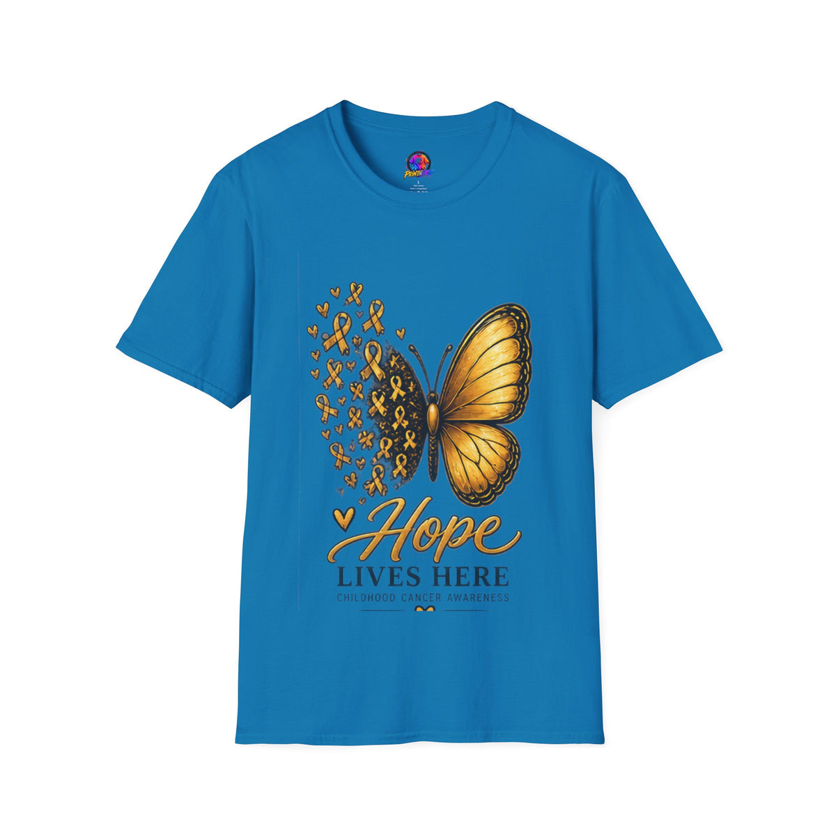 Hope Lives Here Gold Ribbon Butterfly Childhood Cancer Awareness T-Shirt