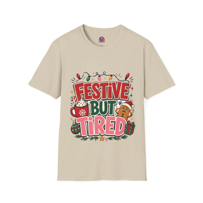 Festive But Tired T-Shirt — Holiday Christmas Crew Tee with Lights & Gingerbread