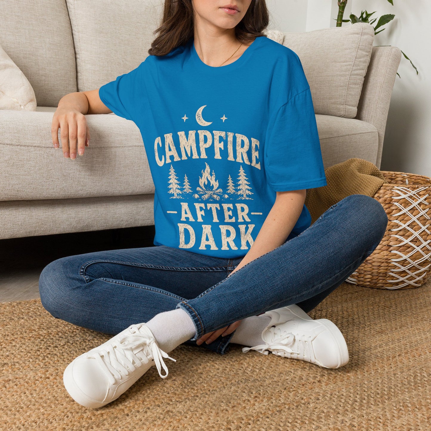 Campfire After Dark T-Shirt — Cozy Camping Moon & Trees Graphic
