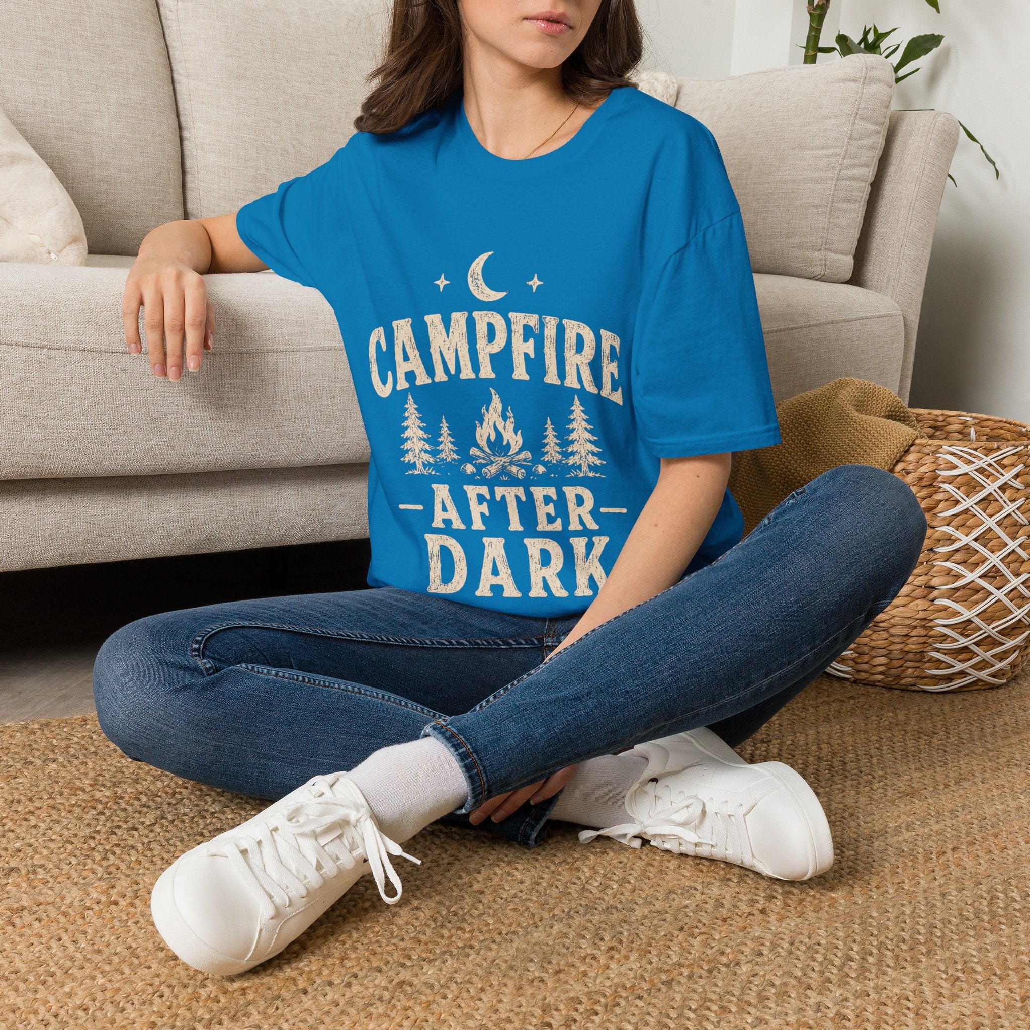 Campfire After Dark T-Shirt — Cozy Camping Moon & Trees Graphic