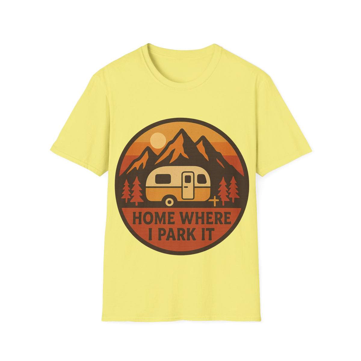 "Home Where I Park It" Vintage Camper Van Graphic Tee - Retro Sunset Mountain White T-Shirt - Trending Now - September 2026