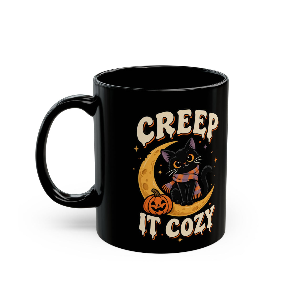 Creep It Cozy Black Mug — Halloween Cat Moon Coffee Cup (11oz & 15oz)