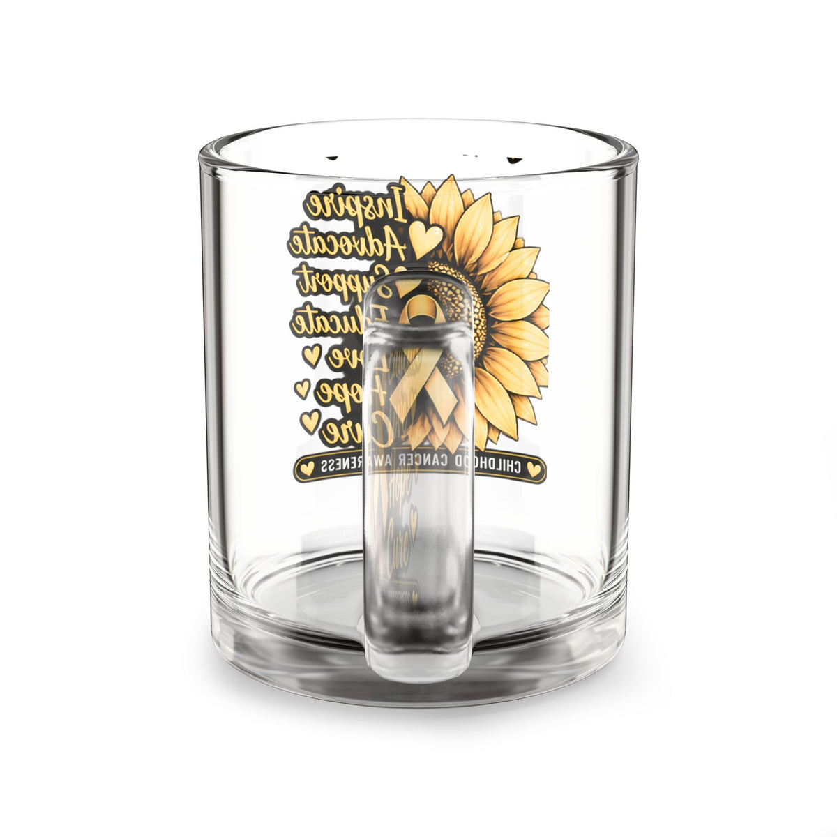 Childhood Cancer Awareness Glass Mug — Sunflower Ribbon "Inspire Advocate Support Educate Love Hope Cure" 10oz