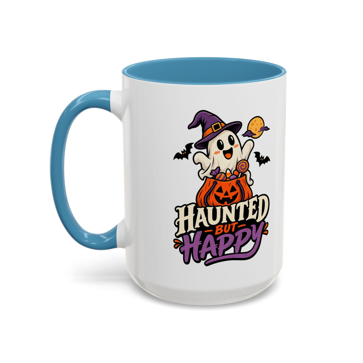 Haunted But Happy Coffee Mug — Halloween Ghost Pumpkin Accent Mug (11/15oz)