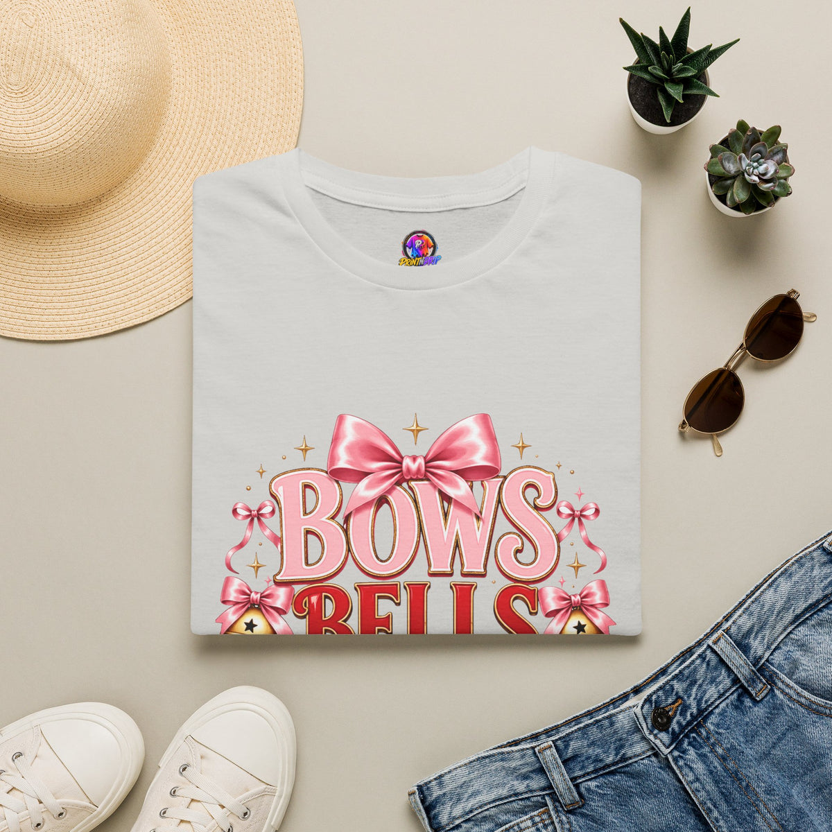 T-Shirt — "Bows Bells Bliss" Pink Holiday Graphic Tee