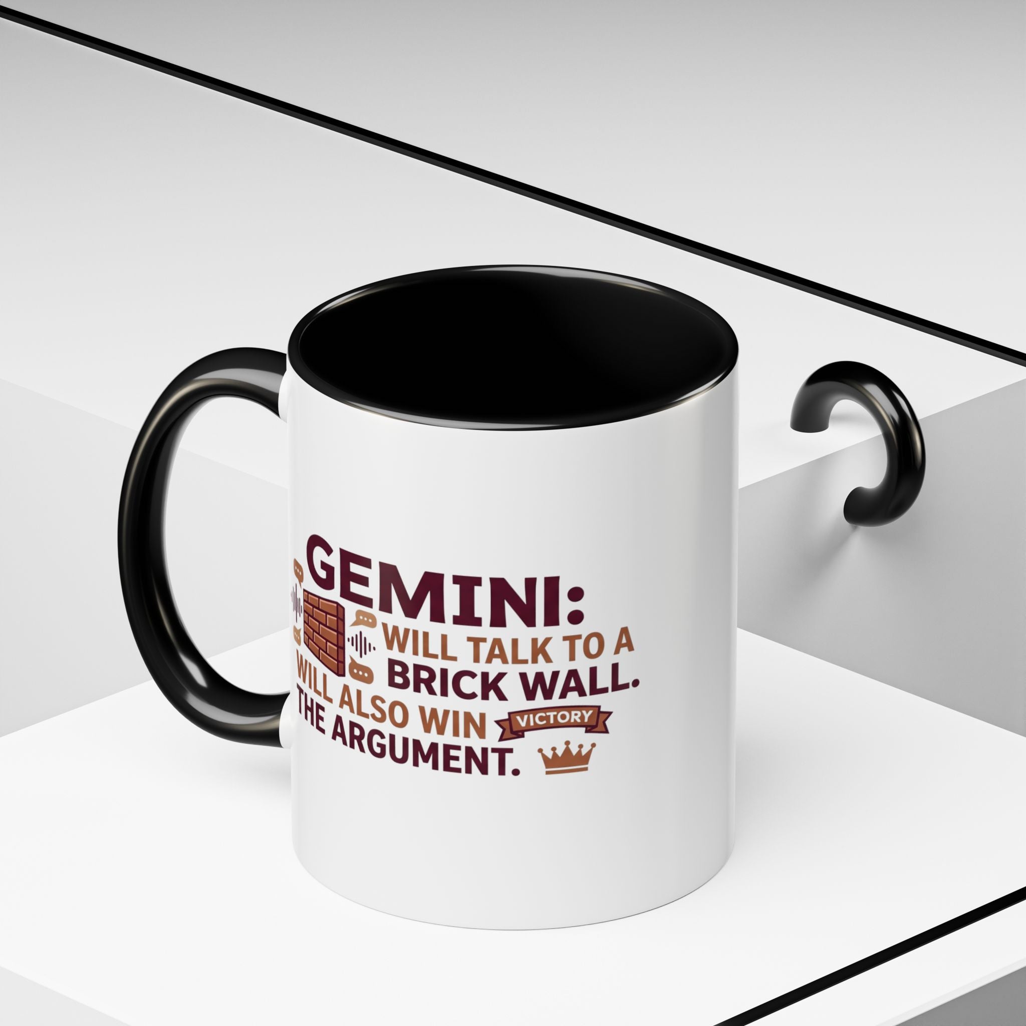 Gemini Coffee Mug — “Gemini: Will Talk to a Brick Wall, Will Also Win the Argument” Accent Mug