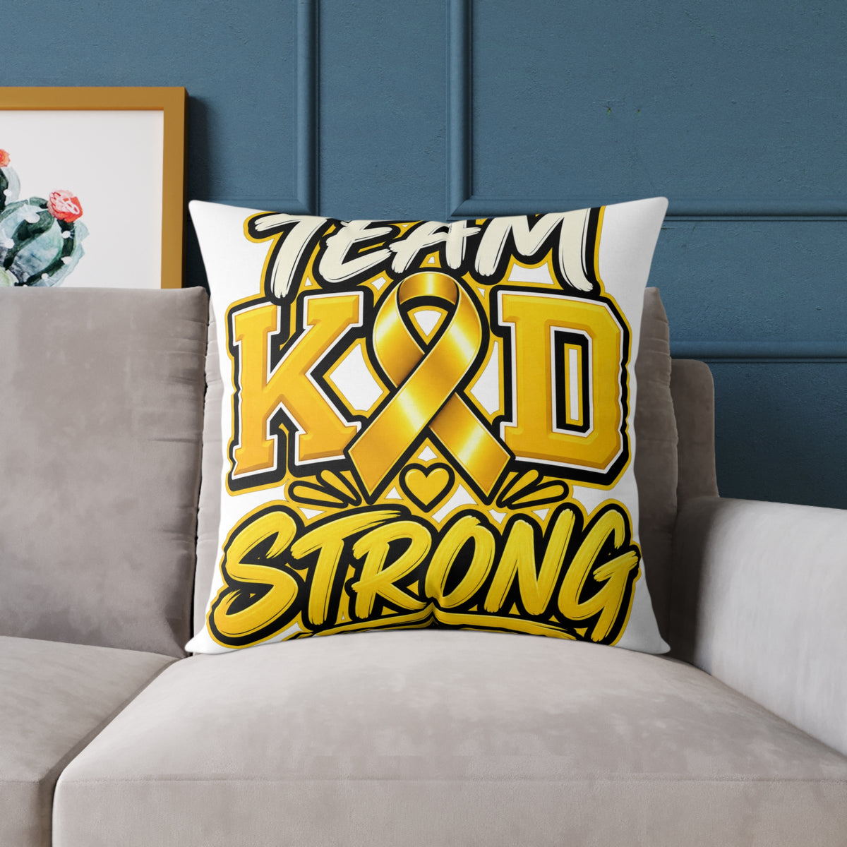 Team Kid Strong Square Throw Pillow — Childhood Cancer Awareness Ribbon Accent