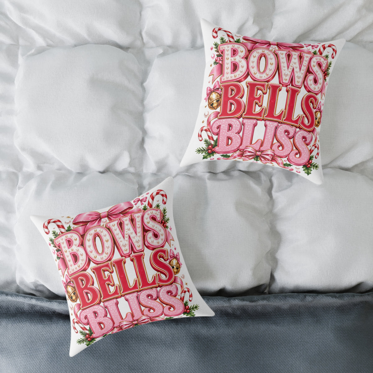 Bows Bells Bliss Modern Day Christmas Square Poly Canvas Pillow