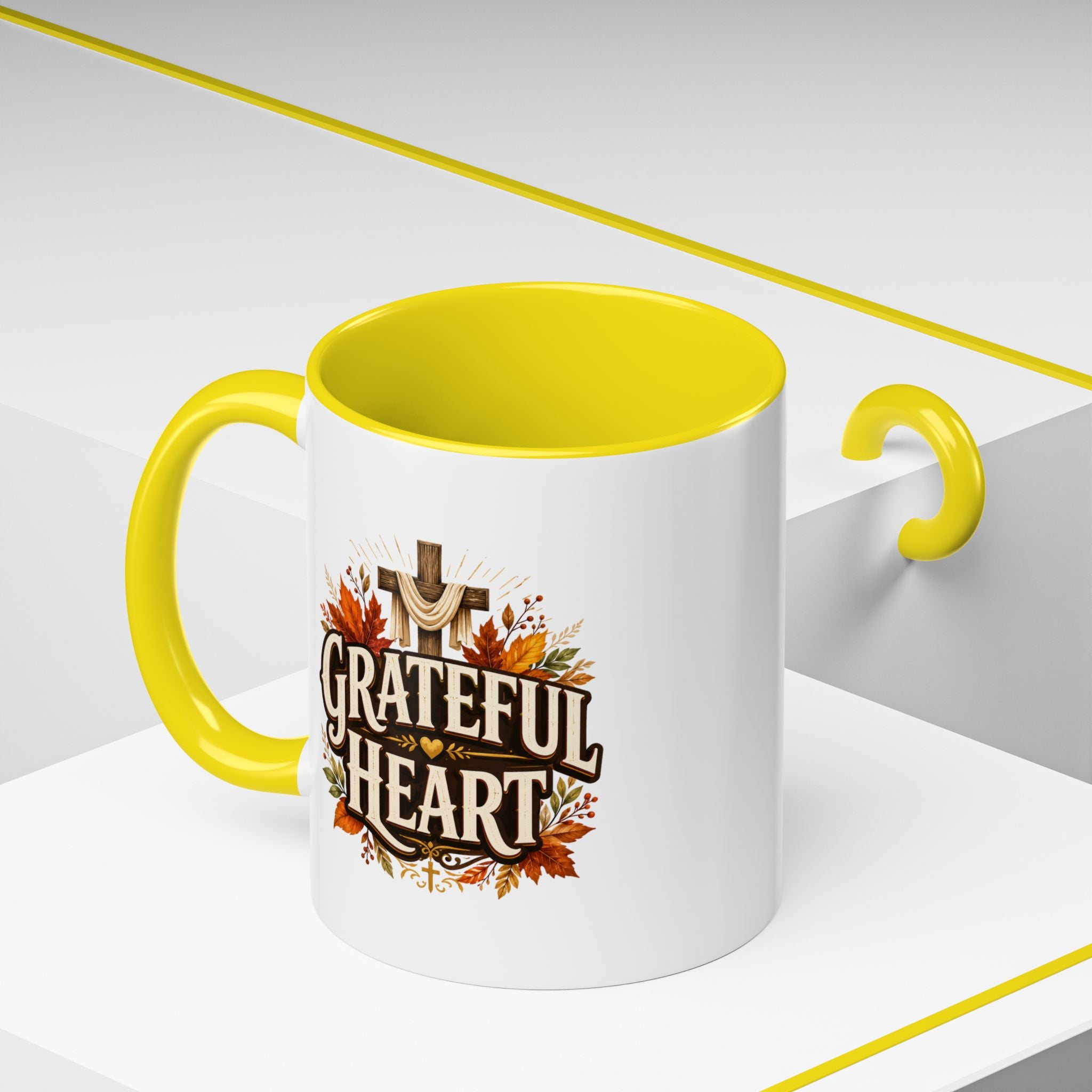 Thanksgiving Mug Grateful Heart Accent Coffee Mug – Autumn Leaves & Cross Spiritual Thanksgiving Gift