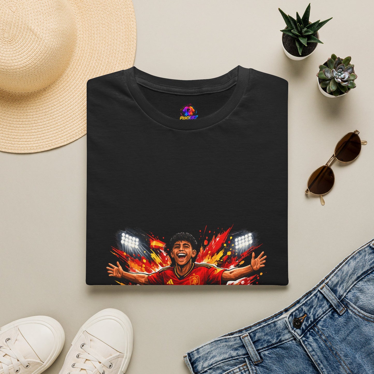 Spain Soccer Fan Portrait T‑Shirt – Fiery Goal Celebration Design