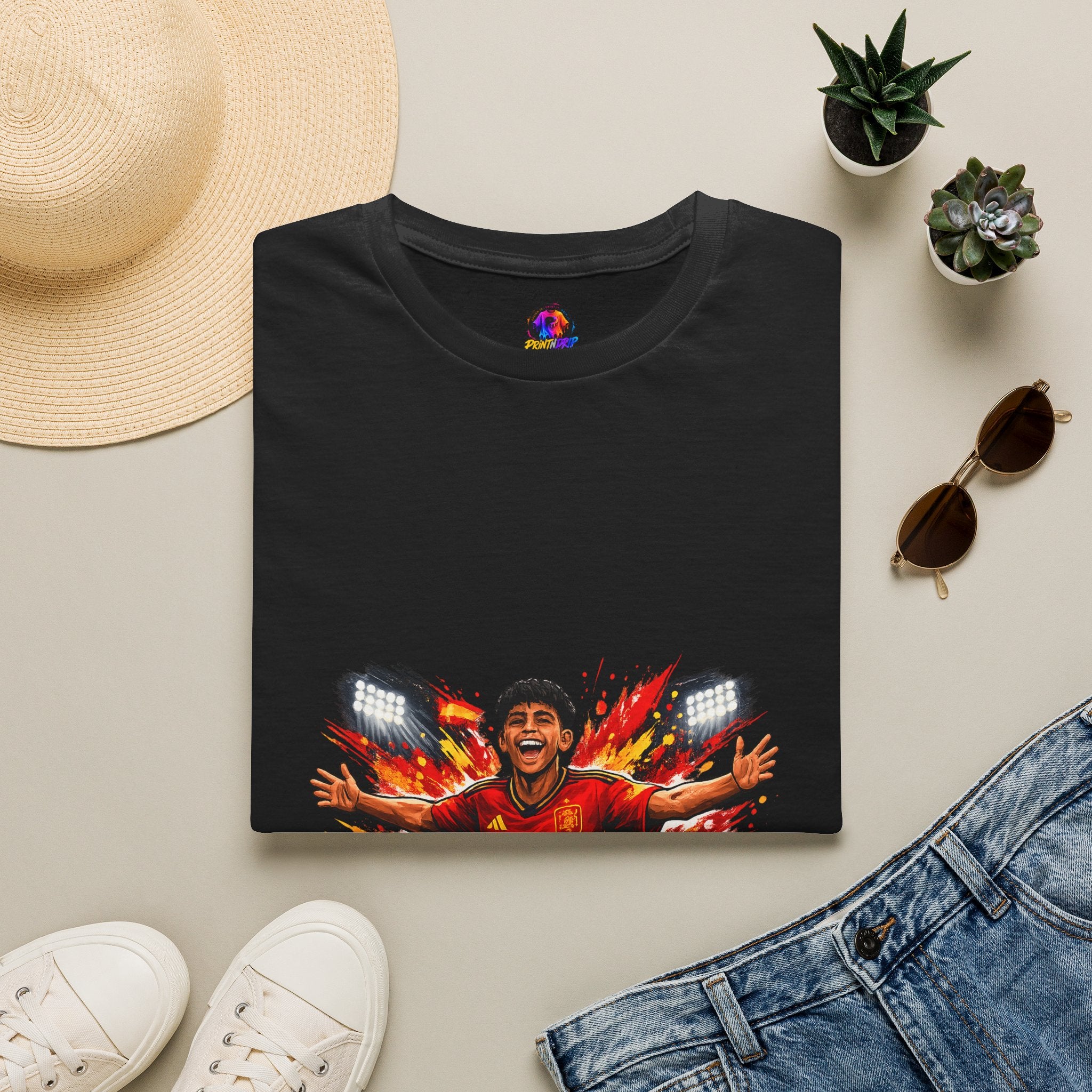 Spain Soccer Fan Portrait T‑Shirt – Fiery Goal Celebration Design