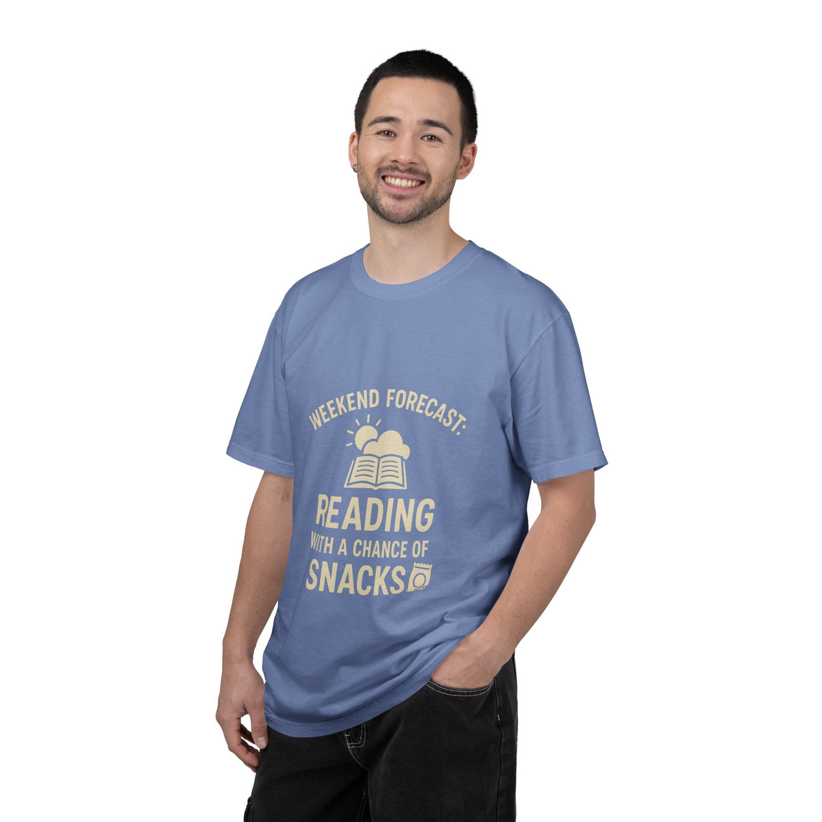Reading & Snacks T-Shirt — "Weekend Forecast: Reading with a Chance of Snacks" - Trending Now - October 2026