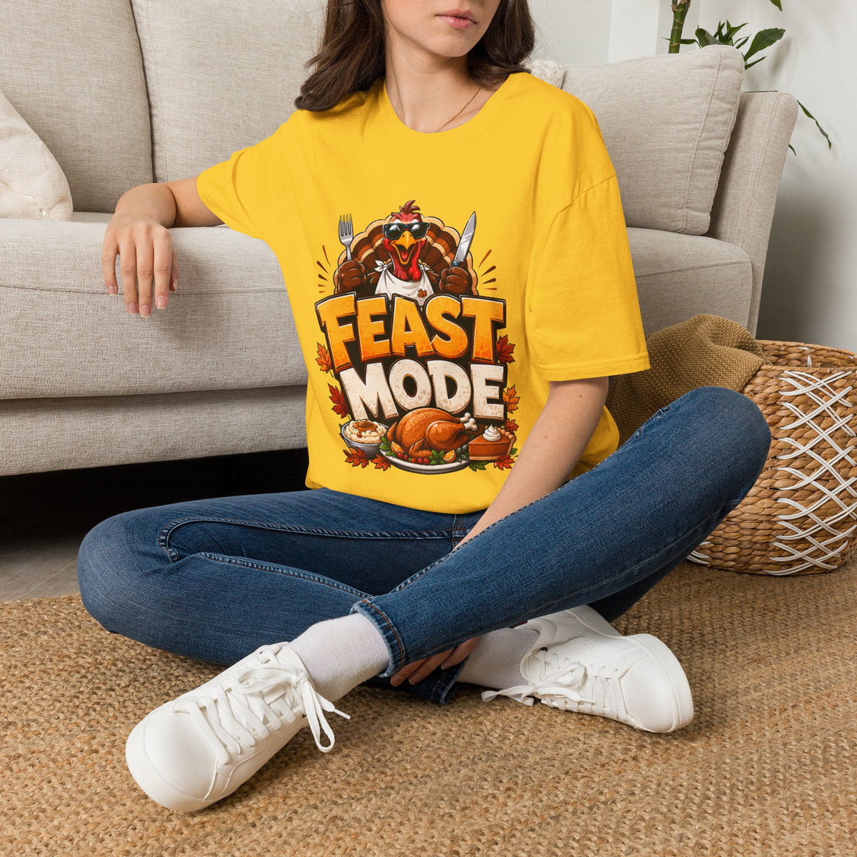 Thanksgiving T-Shirt Feast Mode T-Shirt — Funny Thanksgiving Turkey Graphic Tee