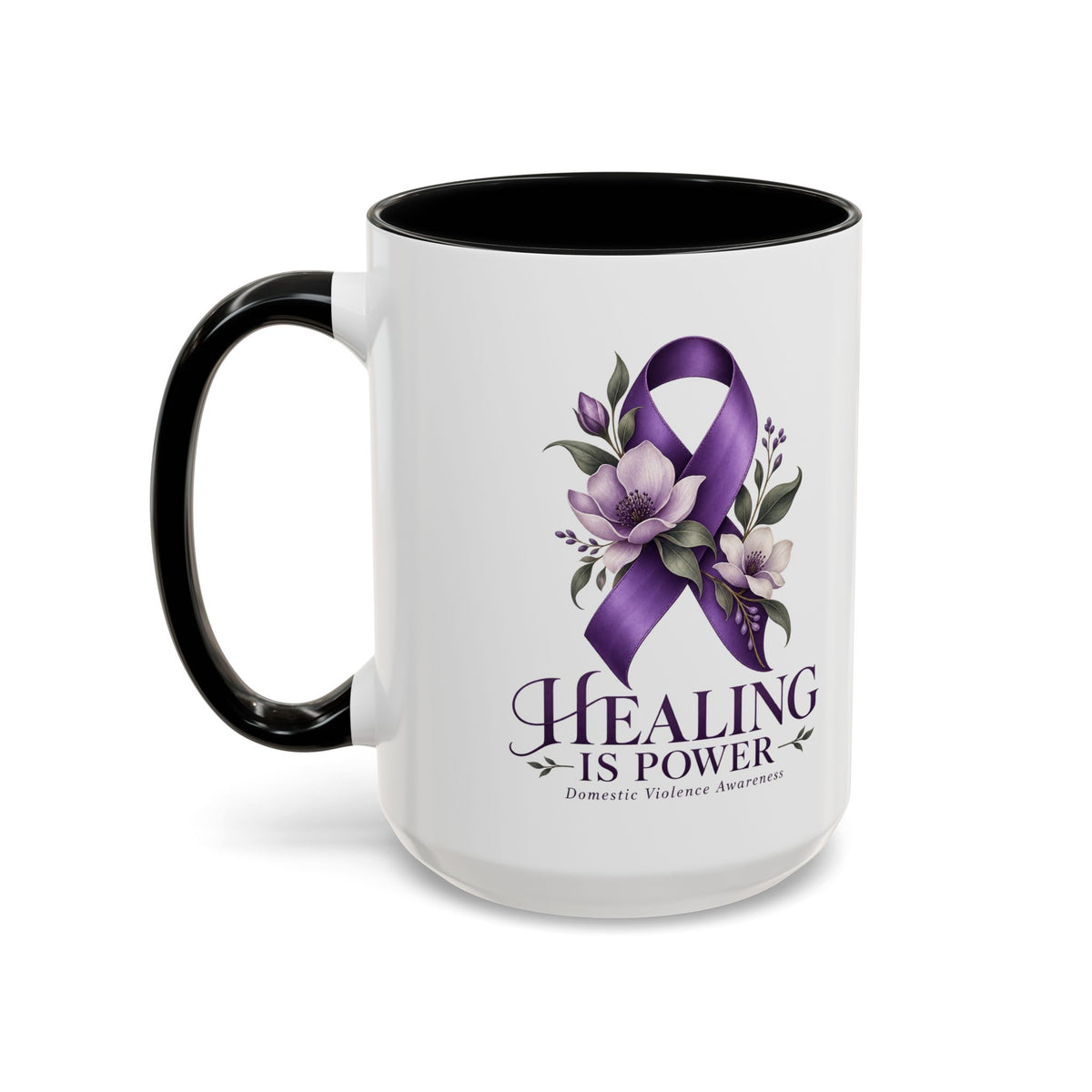 Healing Is Power Purple Ribbon Coffee Mug — Domestic Violence Awareness Accent Mug (11/15oz)
