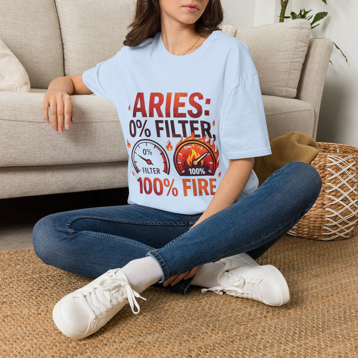 Aries T-Shirt — "Aries: 0% Filter, 100% Fire" Bold Zodiac Tee