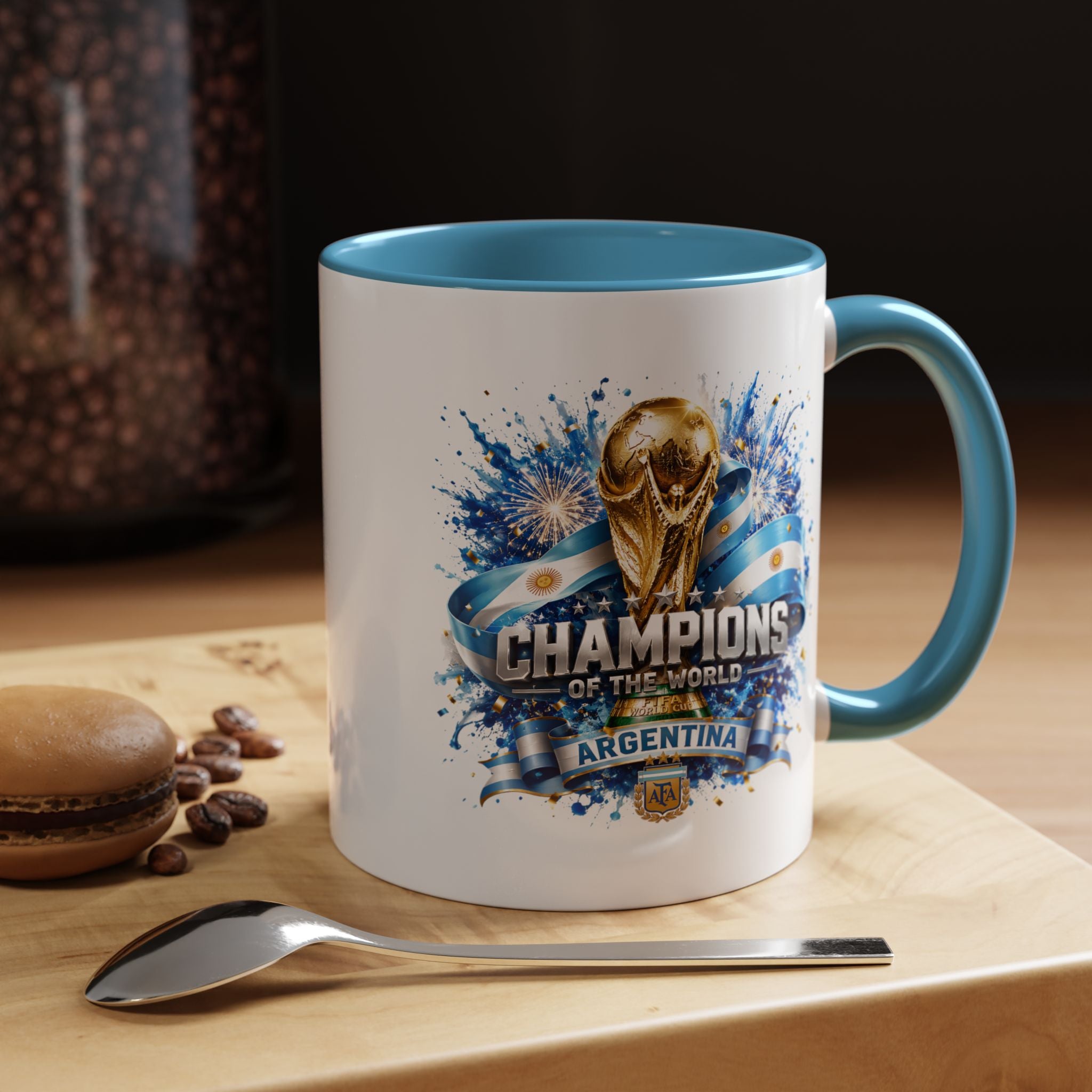 Argentina World Champions Coffee Mug — 'Champions of the World' Soccer Trophy Design