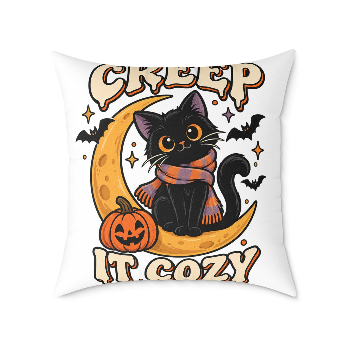 Halloween Cat Pillow — "Creep It Cozy" Decorative Square Throw Pillow