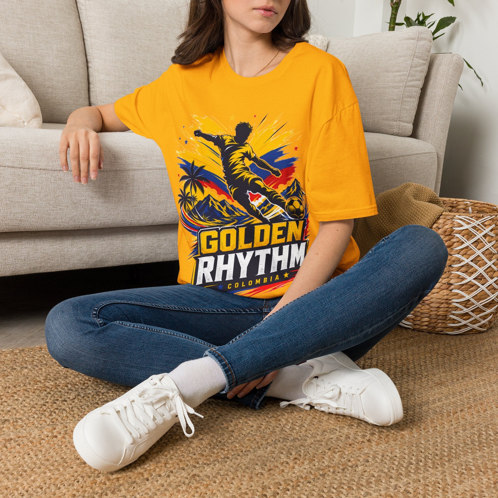 Columbia Soccer Player Graphic T-Shirt — "Golden Rhythm" Vibrant Beach Soccer Tee