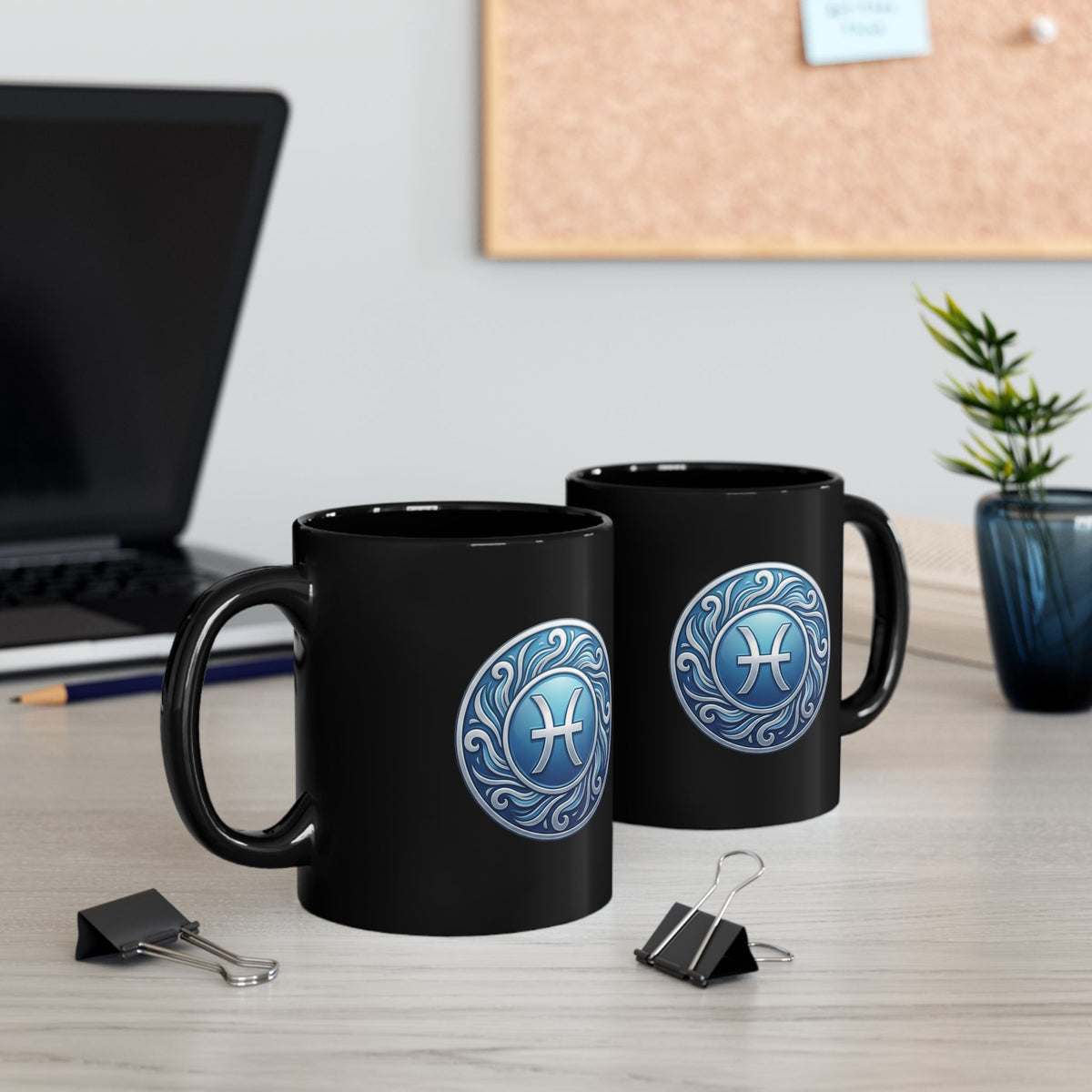 Pisces Zodiac Coffee Mug - Blue Astrology Symbol on Black Ceramic