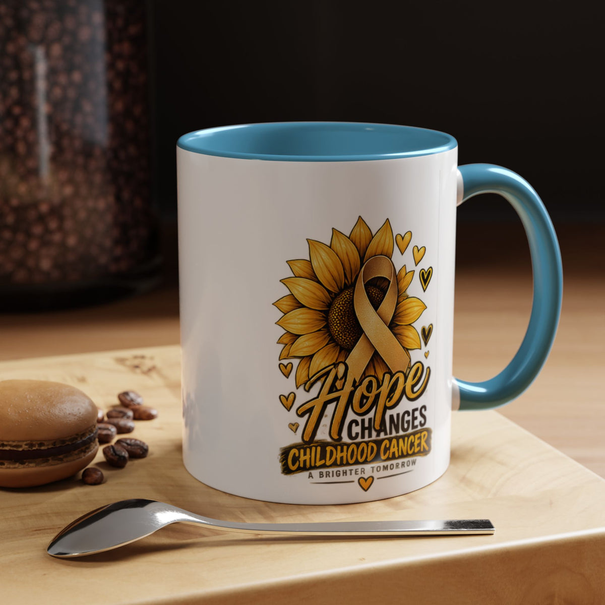 Hope Changes Childhood Cancer Mug – Gold Ribbon Sunflower Accent Coffee Cup (11/15oz)